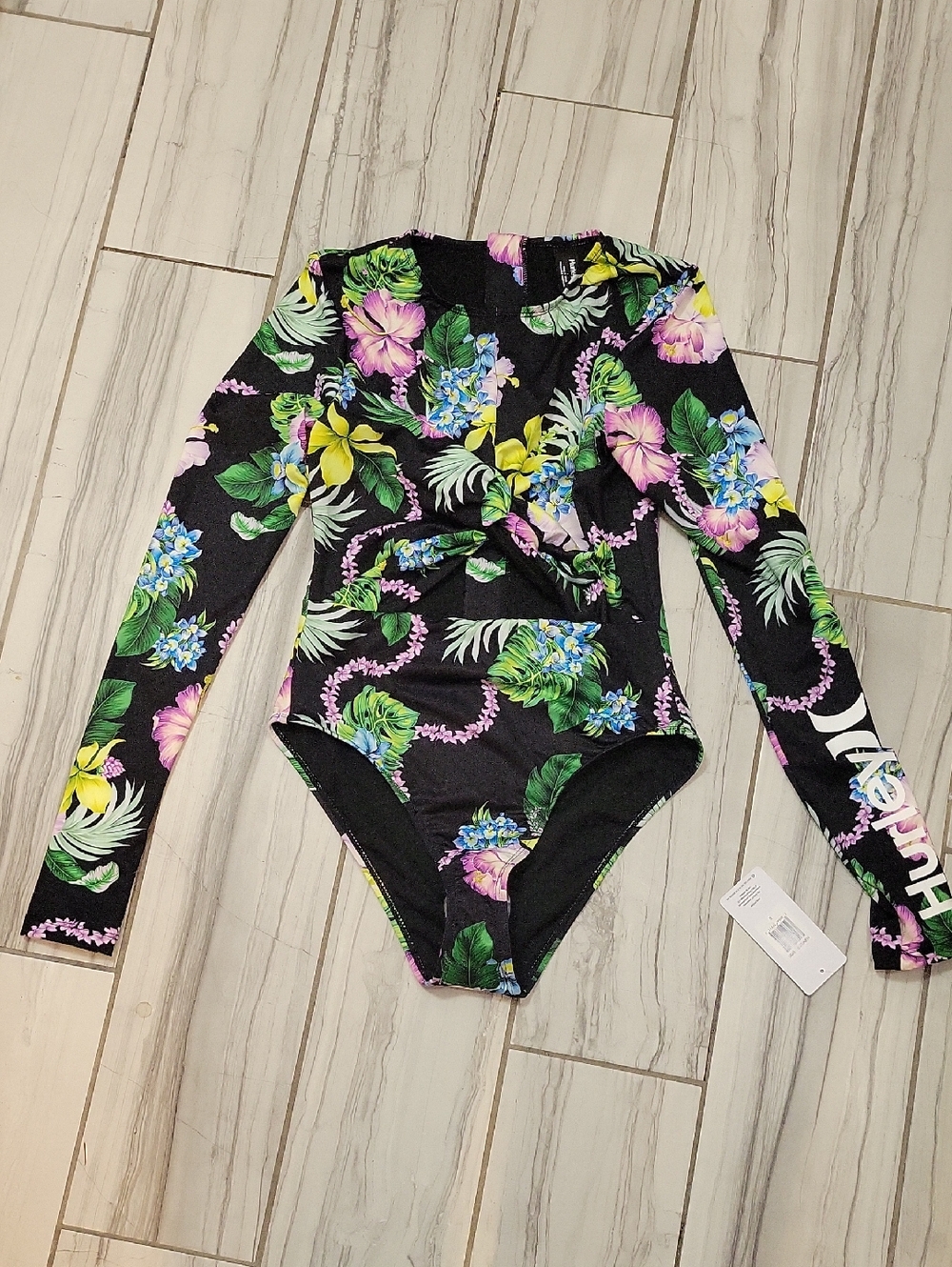 Women's Hurley Black Floral Long-Sleeve One-Piece Swimsuit